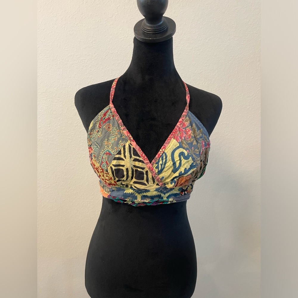 Hippie Forever Patchwork Crop Halter Top Size M Boho Festival